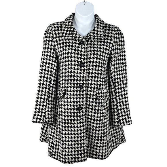 Calvin Klein Women 8 Houndstooth Wool Blend Coat Black White Button Up Old Money - Picture 2 of 16